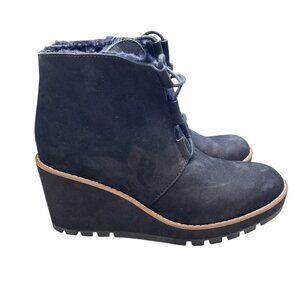 Eileen Fisher Alpine Wedge Suede Shearling Boot 8.5 Lace Up Black Cabincore Cozy